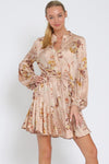 Devika Satin Long Sleeve Floral Waist Tie Mini Dress - Blush Floral