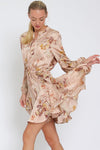 Devika Satin Long Sleeve Floral Waist Tie Mini Dress - Blush Floral