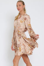 Devika Satin Long Sleeve Floral Waist Tie Mini Dress - Blush Floral