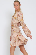 Devika Satin Long Sleeve Floral Waist Tie Mini Dress - Blush Floral