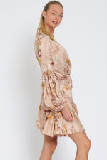 Devika Satin Long Sleeve Floral Waist Tie Mini Dress - Blush Floral