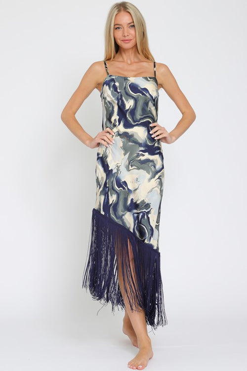 Rally Marble Print Cami Style Fringe Hem Maxi Dress