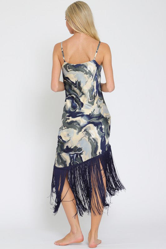 Rally Marble Print Cami Style Fringe Hem Maxi Dress