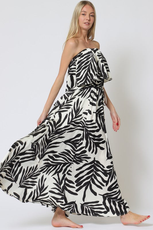 Everlasting Strapless Leaf Print Maxi Dress - Black/White