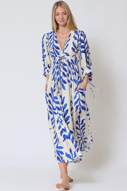Sherlie Leaf Print Empire Long Sleeve Maxi Dress