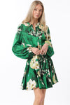 Devika Long Sleeve Floral Waist Tie Mini Dress - Green/Ivory - BEST SELLER!!!