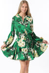 Devika Long Sleeve Floral Waist Tie Mini Dress - Green/Ivory - BEST SELLER!!!