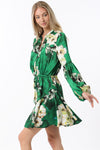 Devika Long Sleeve Floral Waist Tie Mini Dress - Green/Ivory - BEST SELLER!!!