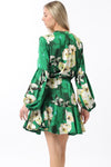 Devika Long Sleeve Floral Waist Tie Mini Dress - Green/Ivory - BEST SELLER!!!