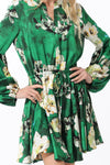 Devika Long Sleeve Floral Waist Tie Mini Dress - Green/Ivory - BEST SELLER!!!