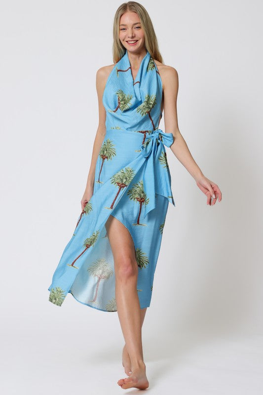 Brigette Palm Trees Print Cowl Neck Open Back Wrap Mid Dress