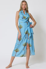 Brigette Palm Trees Print Cowl Neck Open Back Wrap Mid Dress