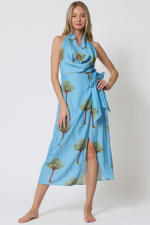 Brigette Palm Trees Print Cowl Neck Open Back Wrap Mid Dress