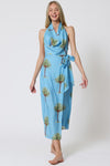 Brigette Palm Trees Print Cowl Neck Open Back Wrap Mid Dress