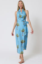 Brigette Palm Trees Print Cowl Neck Open Back Wrap Mid Dress