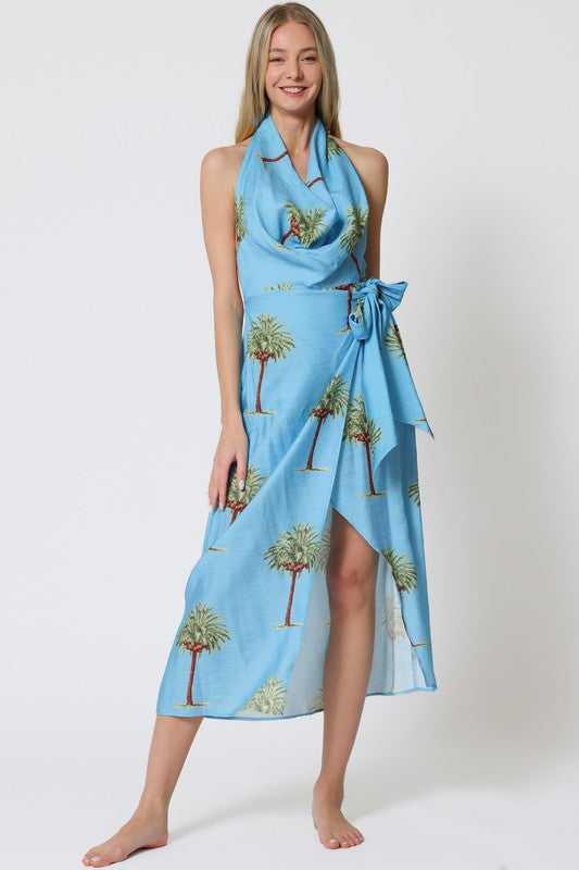 Brigette Palm Trees Print Cowl Neck Open Back Wrap Mid Dress