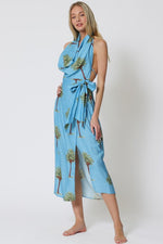 Brigette Palm Trees Print Cowl Neck Open Back Wrap Mid Dress