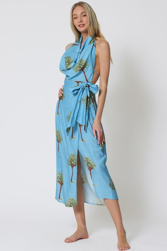 Brigette Palm Trees Print Cowl Neck Open Back Wrap Mid Dress