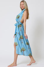 Brigette Palm Trees Print Cowl Neck Open Back Wrap Mid Dress
