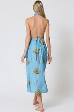 Brigette Palm Trees Print Cowl Neck Open Back Wrap Mid Dress