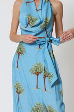 Brigette Palm Trees Print Cowl Neck Open Back Wrap Mid Dress