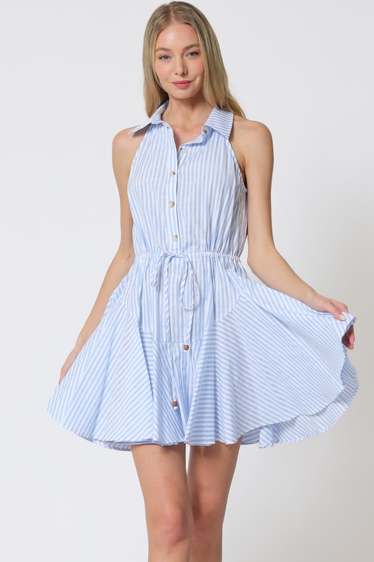 Della Halter Stripe Waist Tie Mini Dress