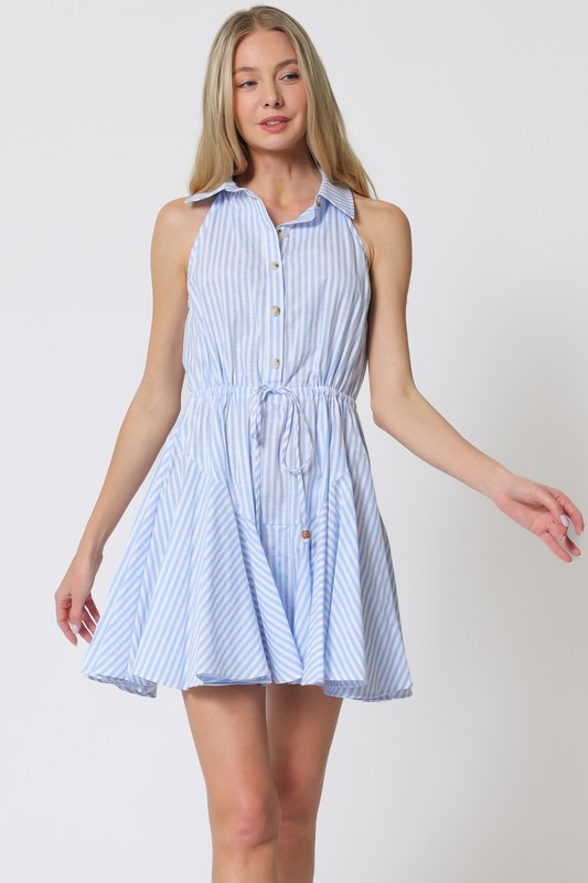 Della Halter Stripe Waist Tie Mini Dress