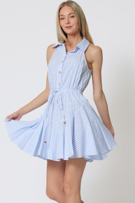 Della Halter Stripe Waist Tie Mini Dress