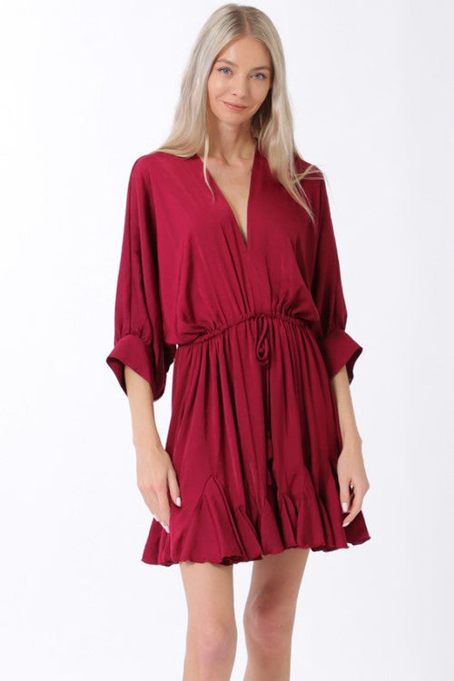 Tina Dolman Tie Front Mini  Dress - Burgundy - BEST SELLER!!!