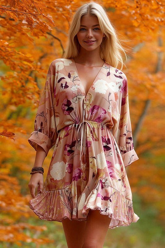 Tina Dolman Tie Front Mini  Dress - Rose/Plum - BEST SELLER!!!
