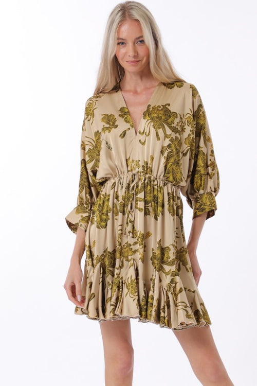Tina Dolman Tie Front Mini  Dress - Beige/Olive Green - BEST SELLER!!!