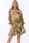 Tina Dolman Tie Front Mini  Dress - Beige/Olive Green - BEST SELLER!!!
