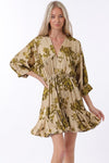 Tina Dolman Tie Front Mini  Dress - Beige/Olive Green - BEST SELLER!!!