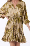 Tina Dolman Tie Front Mini  Dress - Beige/Olive Green - BEST SELLER!!!