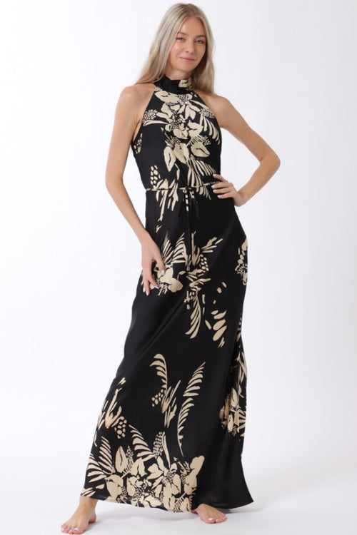 Julie Satin Leaf Mock Neck Sleeveless Maxi Dress