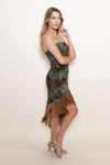 Elvi Strapless Asymmetrical Fringe Hem Midi Dress