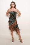 Elvi Strapless Asymmetrical Fringe Hem Midi Dress
