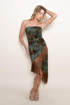 Elvi Strapless Asymmetrical Fringe Hem Midi Dress