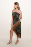 Elvi Strapless Asymmetrical Fringe Hem Midi Dress