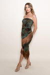 Elvi Strapless Asymmetrical Fringe Hem Midi Dress