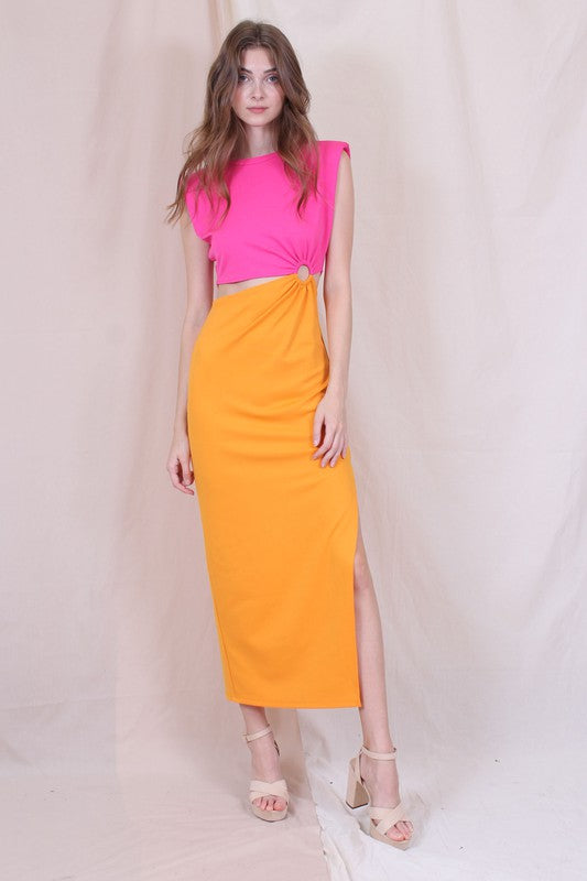 Tera Color Blocking Cut Out Midi Dress - Pink/Orange