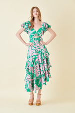 Avery Tropical Ruffle Midi Dress