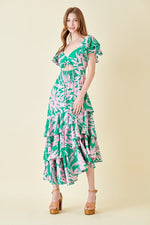 Avery Tropical Ruffle Midi Dress