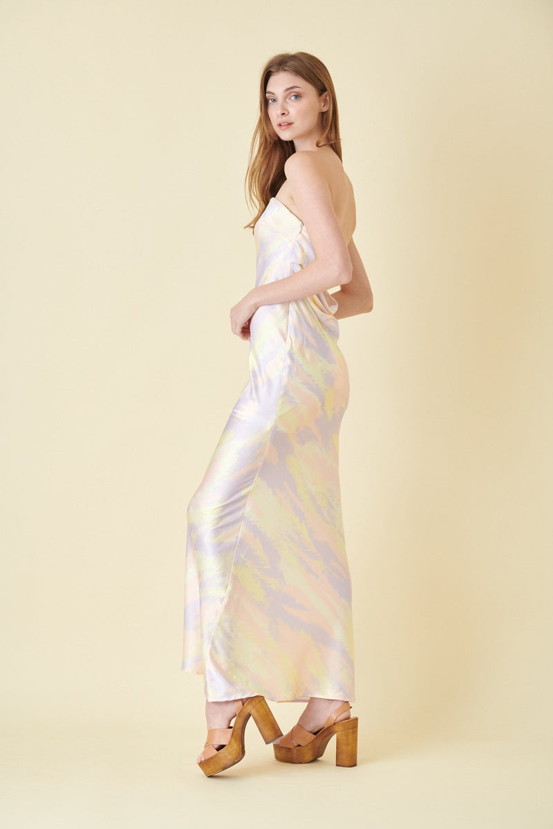 pastel satin dress Medea Satin Strapless Cowl Back Midi Dress