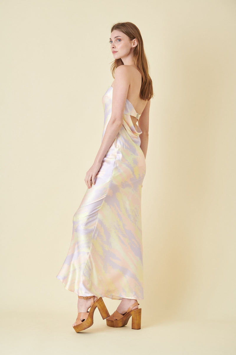 Medea Satin Strapless Cowl Back Midi Dress - Pastel/Multi Girls Will Be Girls Medea Satin Strapless Cowl Back Midi Dress - Pastel/Multi Girls Will Be Girls