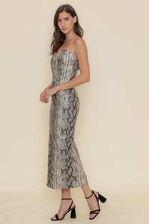 Divina Snake Print Wired Strapless Midi Dress