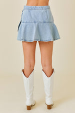 Latissa Denim Wrap Front Ruffle Skort