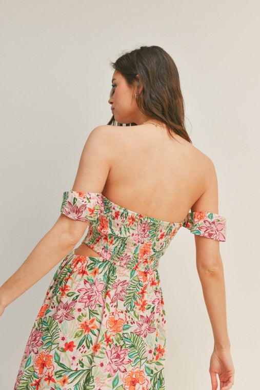 Kysta Off Shoulder Smocked Midi Dress - Tropical Print
