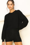 Christina Long Sleeve Knit Top and Short Set - Black