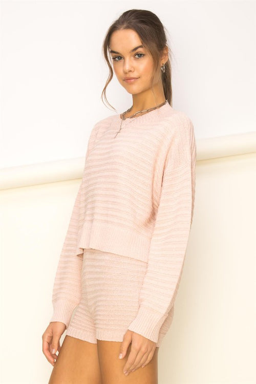 Christina Long Sleeve Knit Top and Short Set - Blush